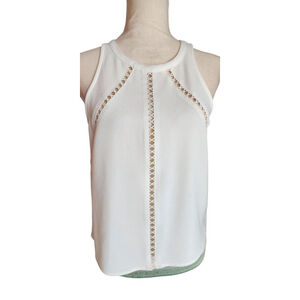WAYF Ivory White Sleeveless Tank Top Size S Lattice Cutout Detail Embroidered